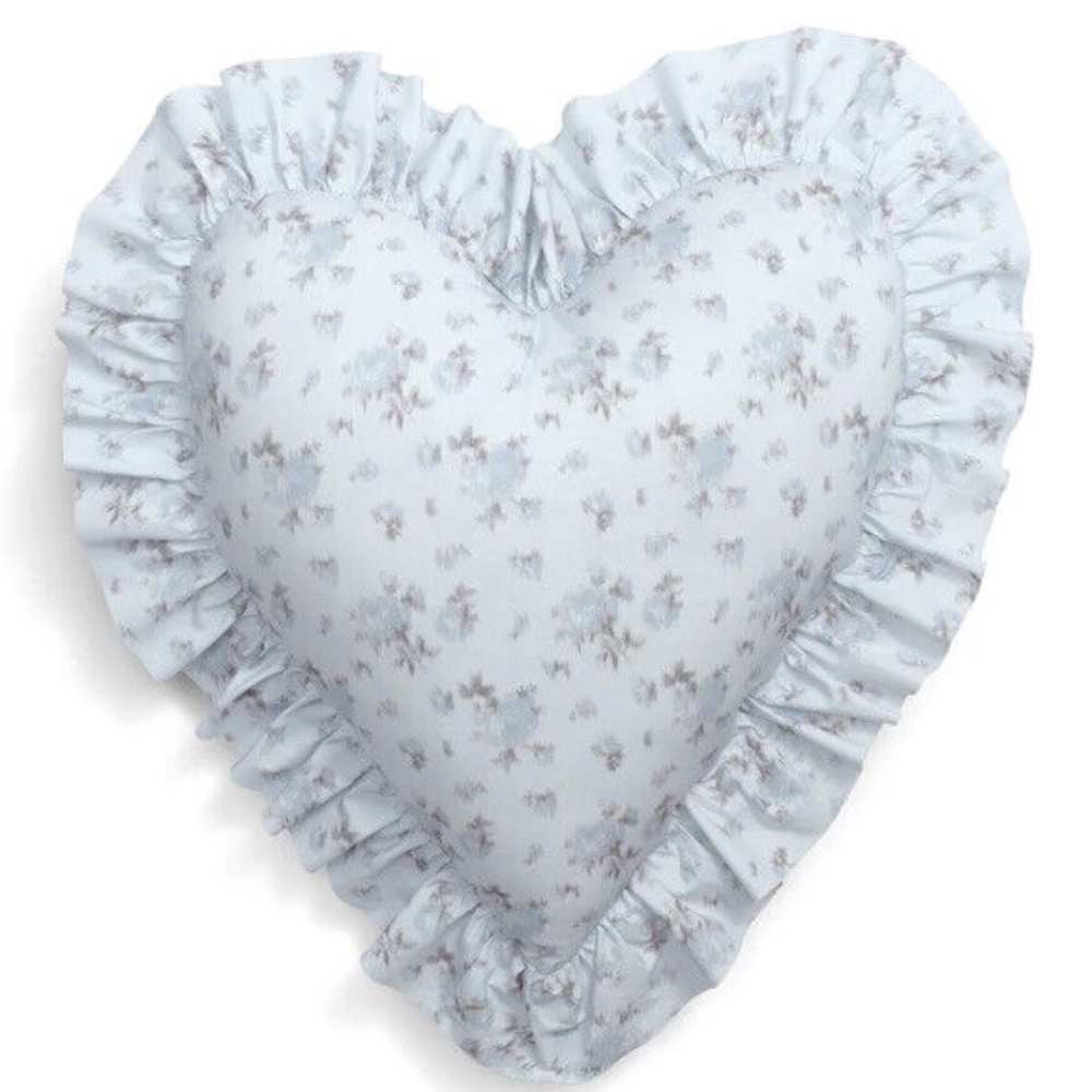 LoveShackFancy Heart Ruffle Pillow in Pale Blue Floral